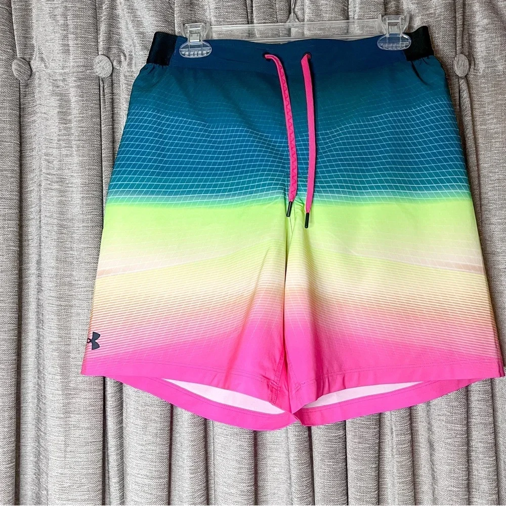 Under Armour Harbor Heritage Colorblock Swim Trunks Pink and Green Size Medium